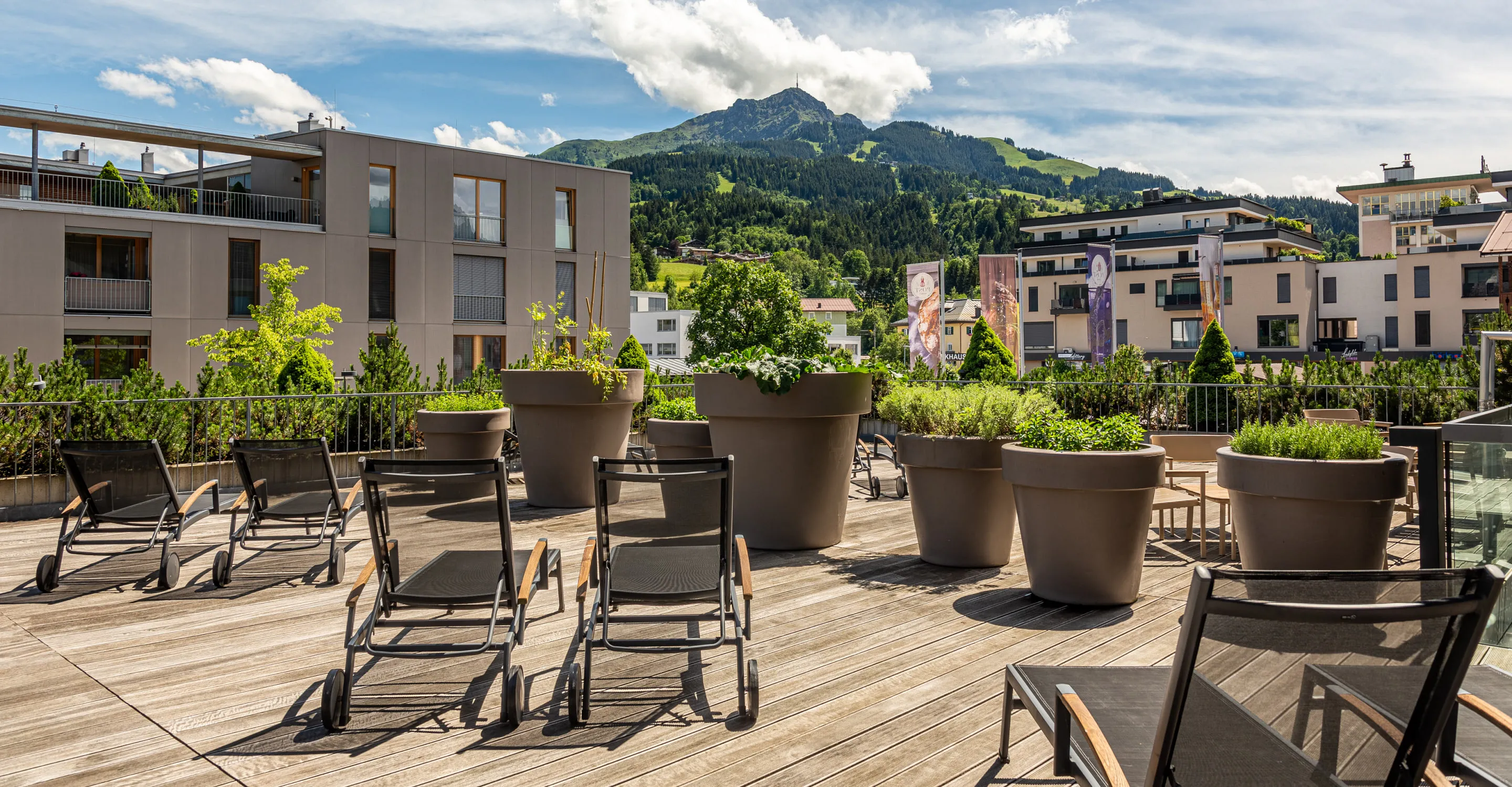 Terrasse mit Pflanzen und Blick auf die Berge.