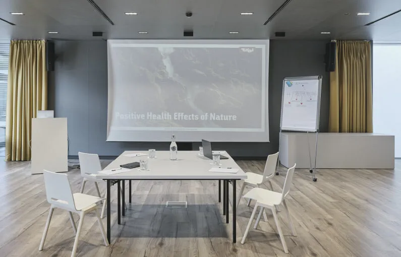 Moderne Konferenzraum mit Präsentation über positive Gesundheitseffekte der Natur